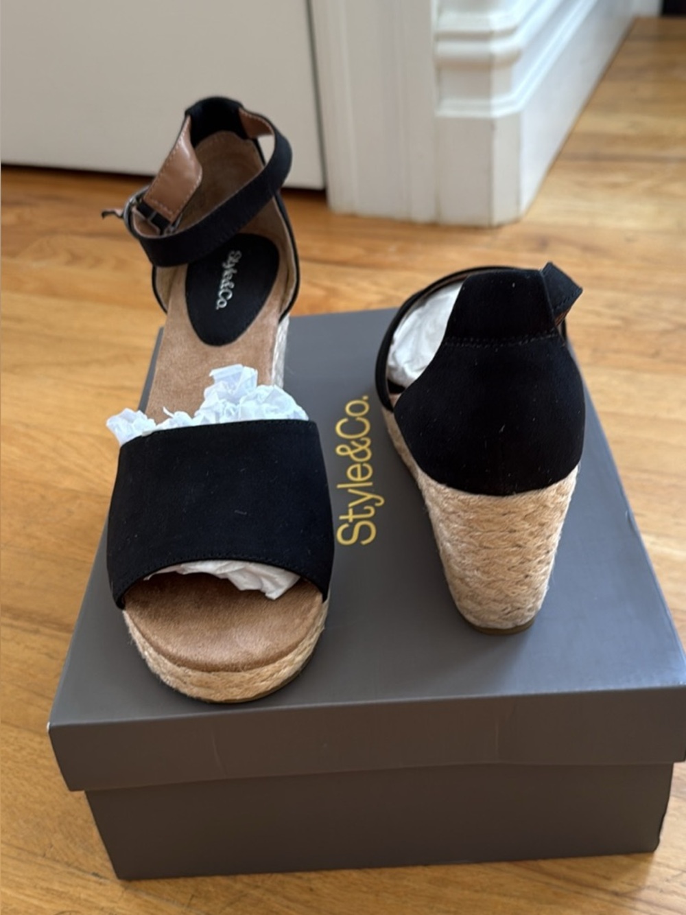Style & Co. Black Suede Espadrille Wedge Sandals with Ankle Strap - Picture 2 of 7